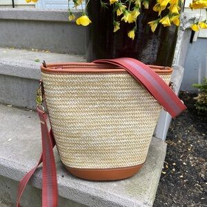 Stella & Dot Tan and Brown Crossbody Bag with Red Strap